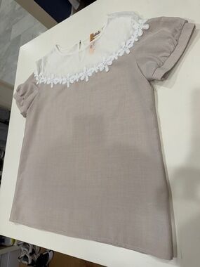 Listicle Taupe Short Sleeve Top with White Lace Yoke